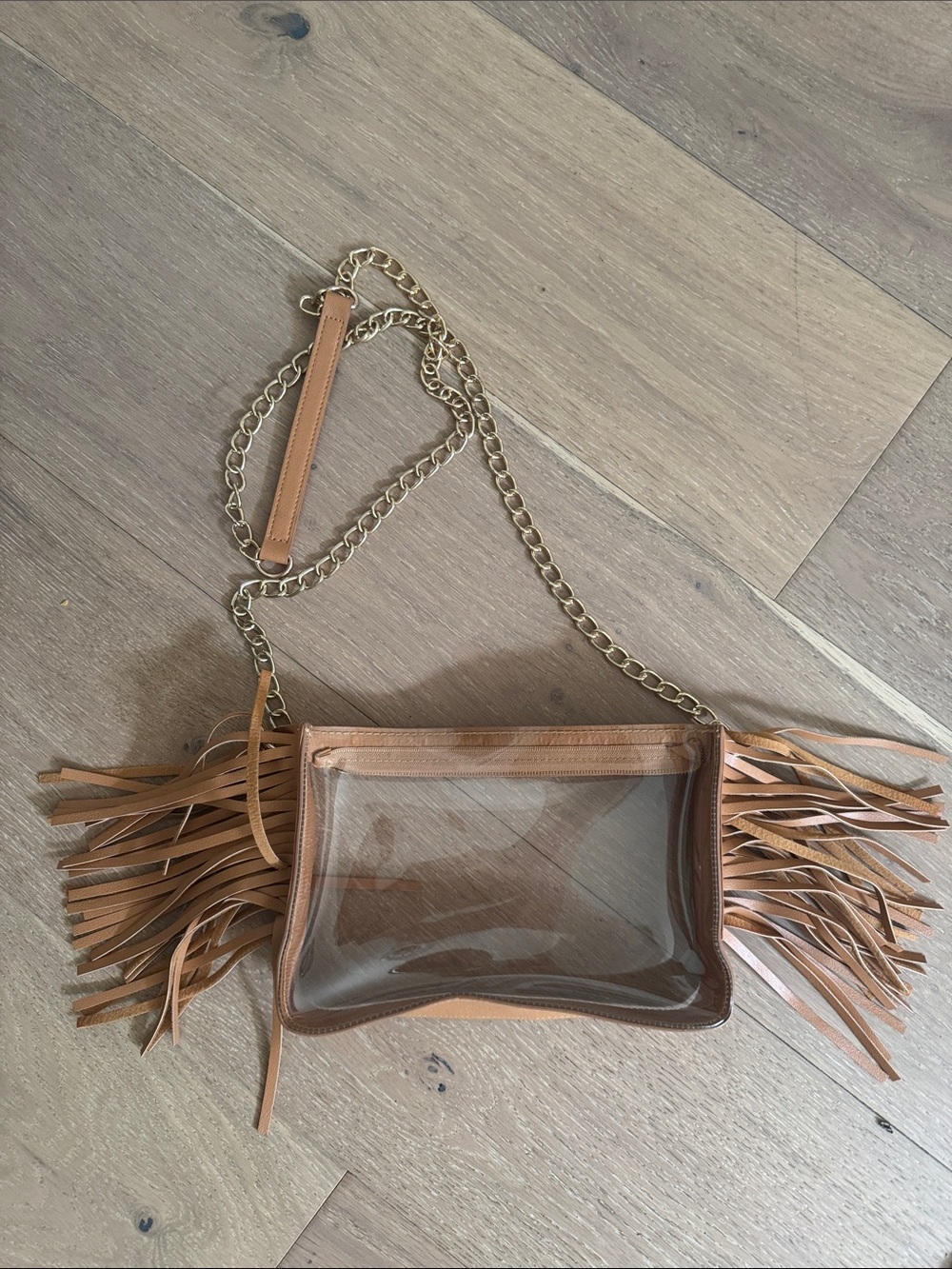 Clear Bag Crossbody with fringe gold chain strap